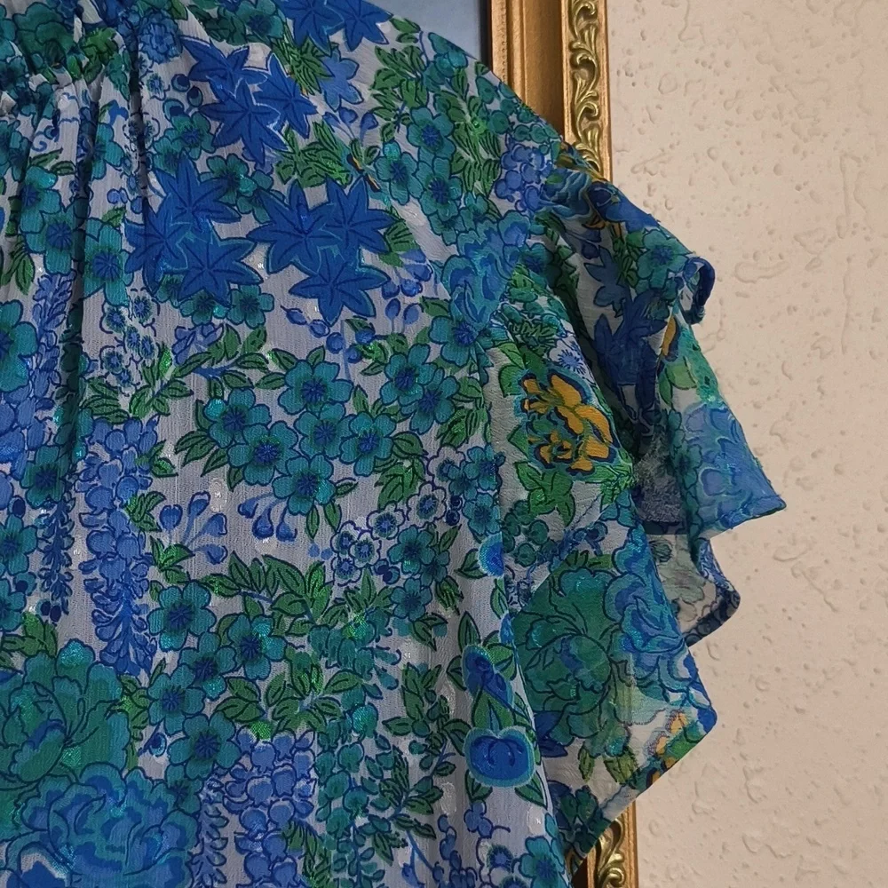 Joie Floral Blue and Green Women's Top Garden Party Brunch Career Large Vacation - Picture 5 of 15